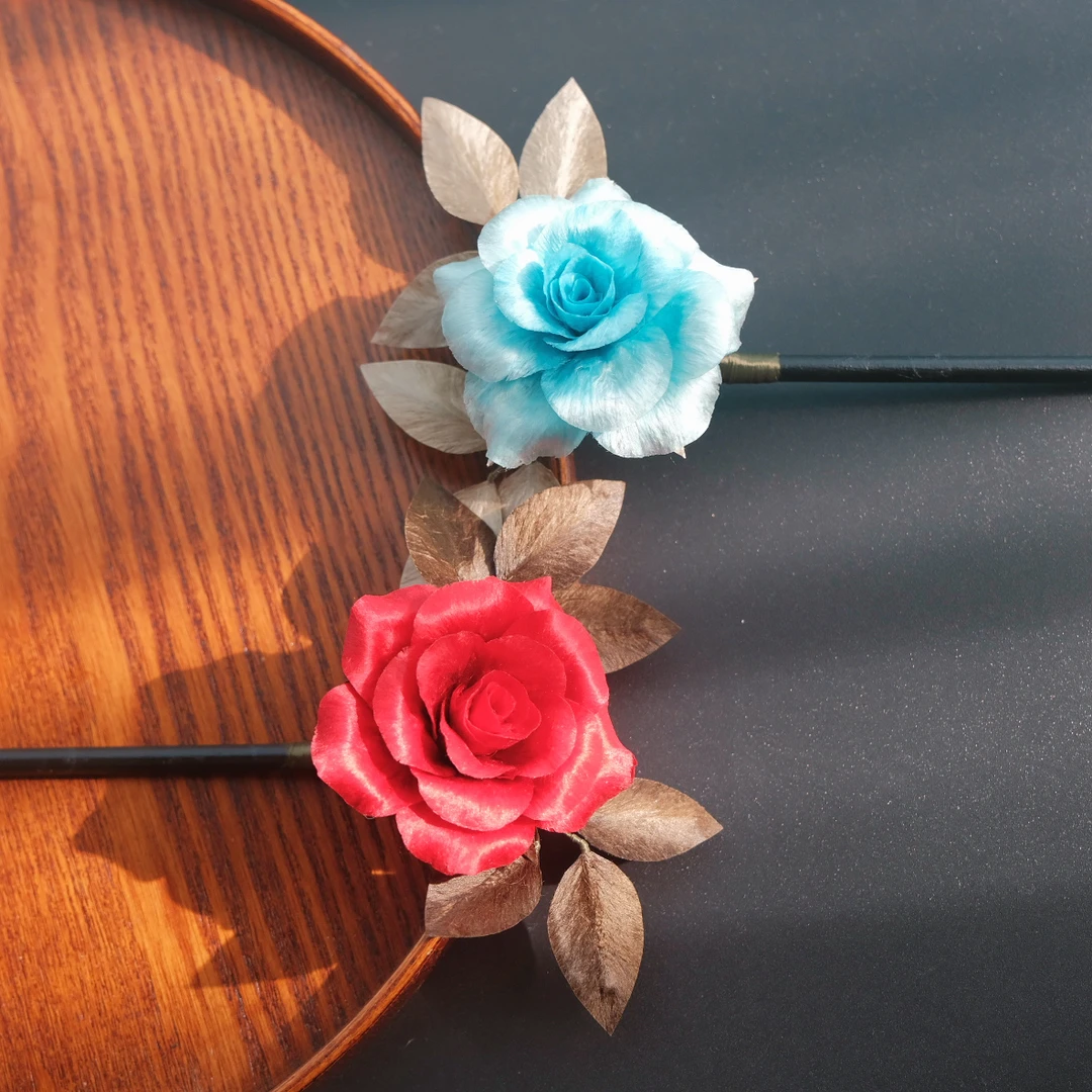 【雾岚手作-卷曲玫瑰】古风发饰 汉服绒花发簪 默认微瑕 均有色差