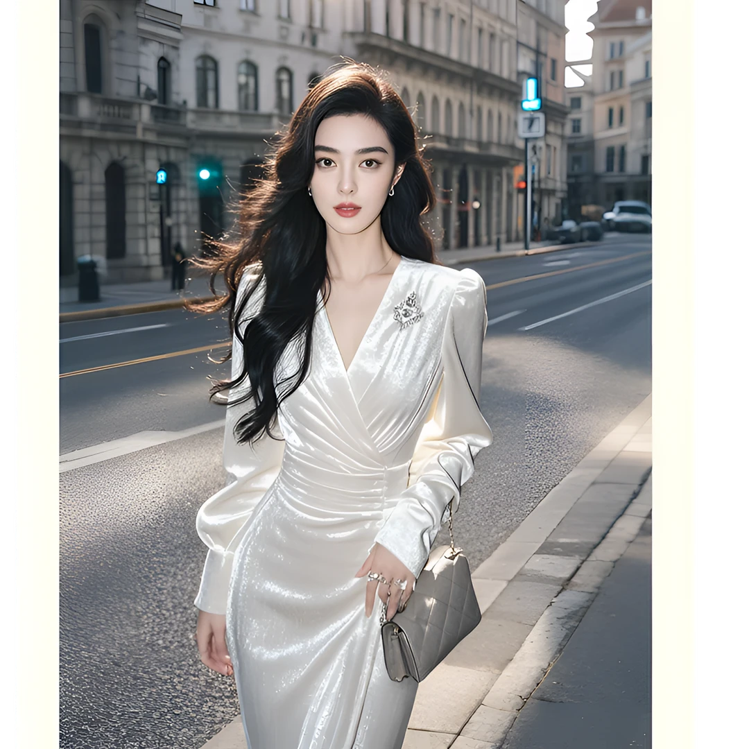 裙子秋冬款法式尚时气质高贵上档次收腰长袖高级感白色丝绒连衣裙