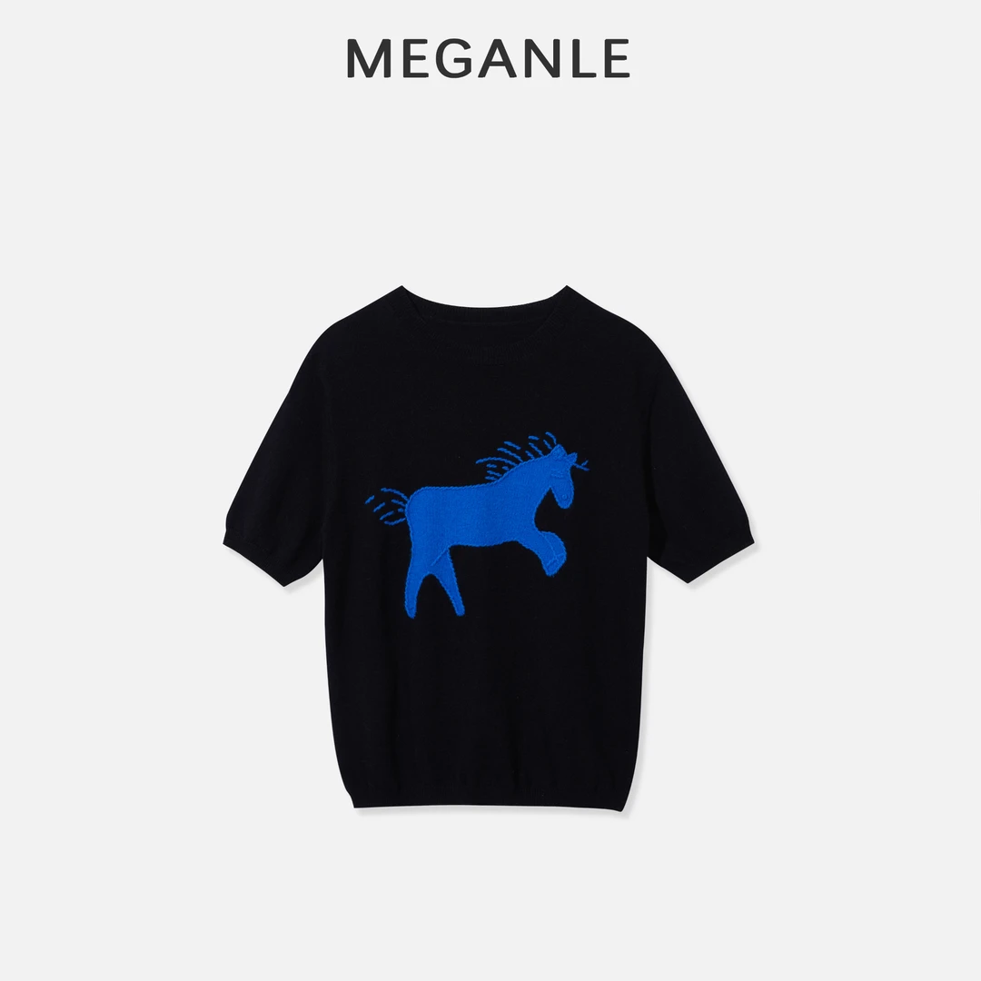 【飞马针织】MEGANLE 高品质全羊毛圆领提花针织短袖上衣2024407