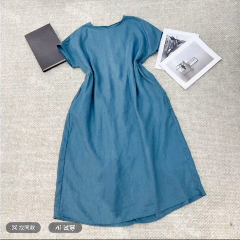 【100纯亚麻】夏季新款连衣裙纯色圆领小众女装穿搭简约文艺25713