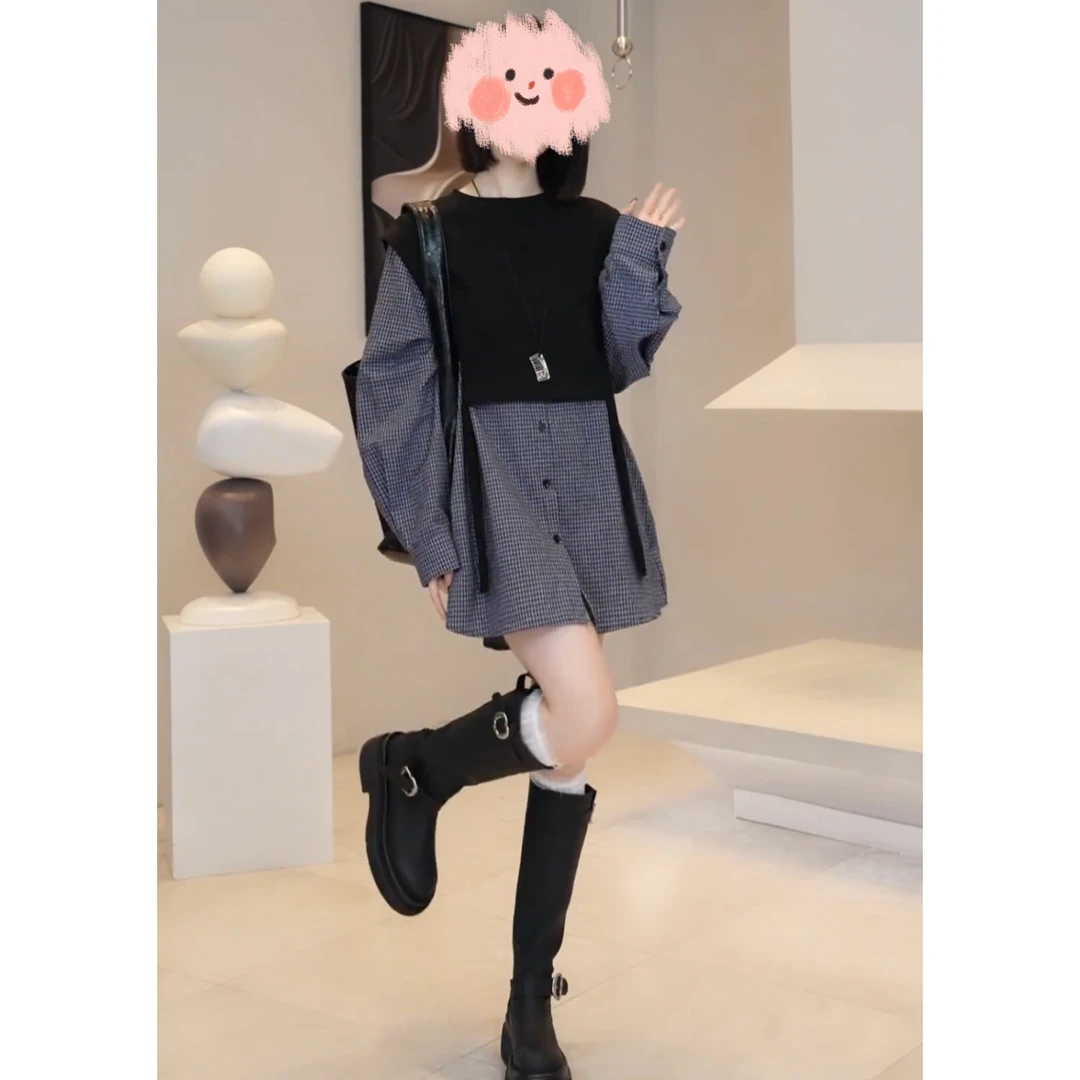 2025早春新款韩国高级感洋气显瘦假两件格子衬衫裙