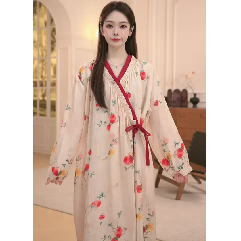 【石榴】春秋季新款中国风睡袍女汉元素古风薄款斜襟印花家居服浴袍