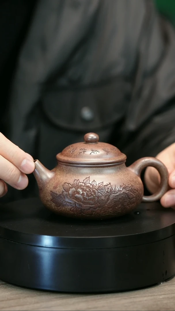 茶壶紫砂烟****༽H1984李琴刻绘柴烧容天