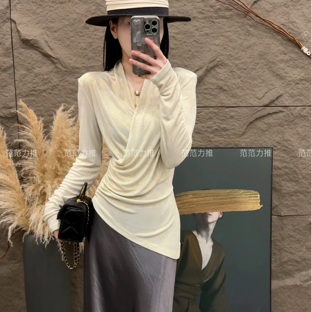 【范范力推】春季新款设计感交叉v领长袖女修身显瘦内搭打底衫上衣