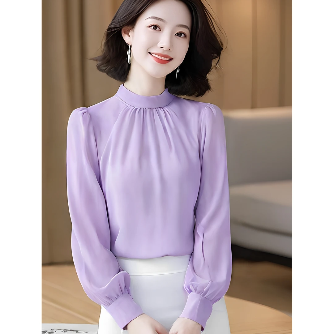 早秋新款韩系chic别致气质通勤雪纺上衣女高级感紫色防晒长袖衬衫