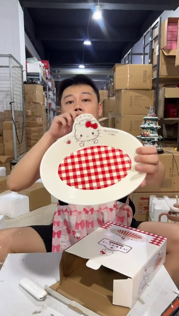 瓷片原盒kt猫红格子餐盘