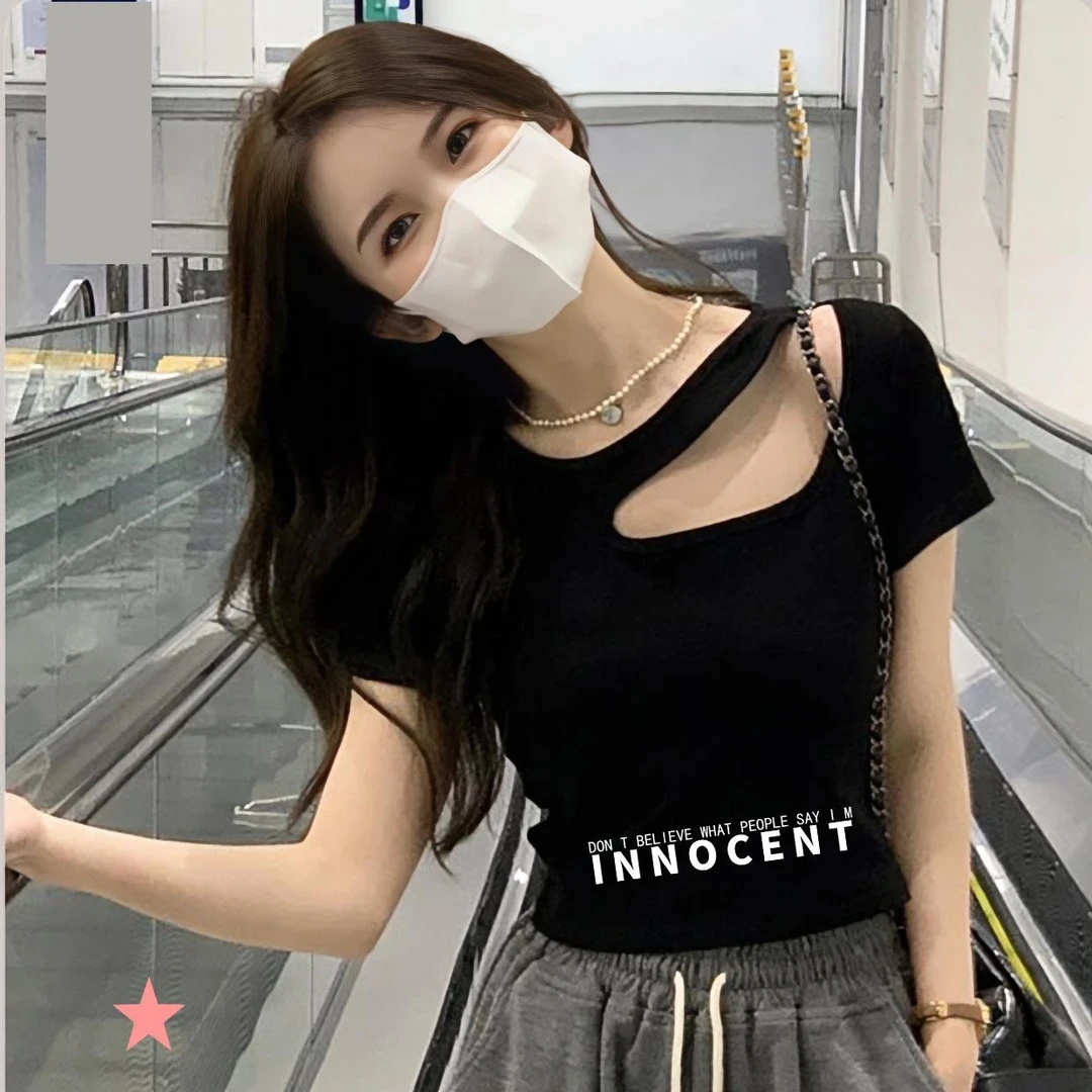 黑色短款上衣小个子夏季设计感镂空修身显瘦辣妹露脐印花短袖T恤