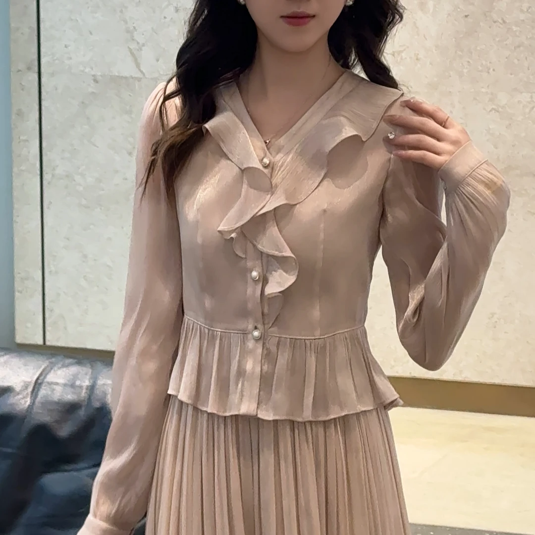 【琉璃金丝衬衣】25早春新款荷叶边长袖上衣温柔气质垂感宽松调性