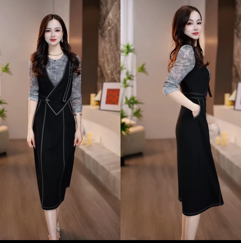【新品上新】2025秋季简约时髦设计感背带裙深灰打底衫假两件连衣裙