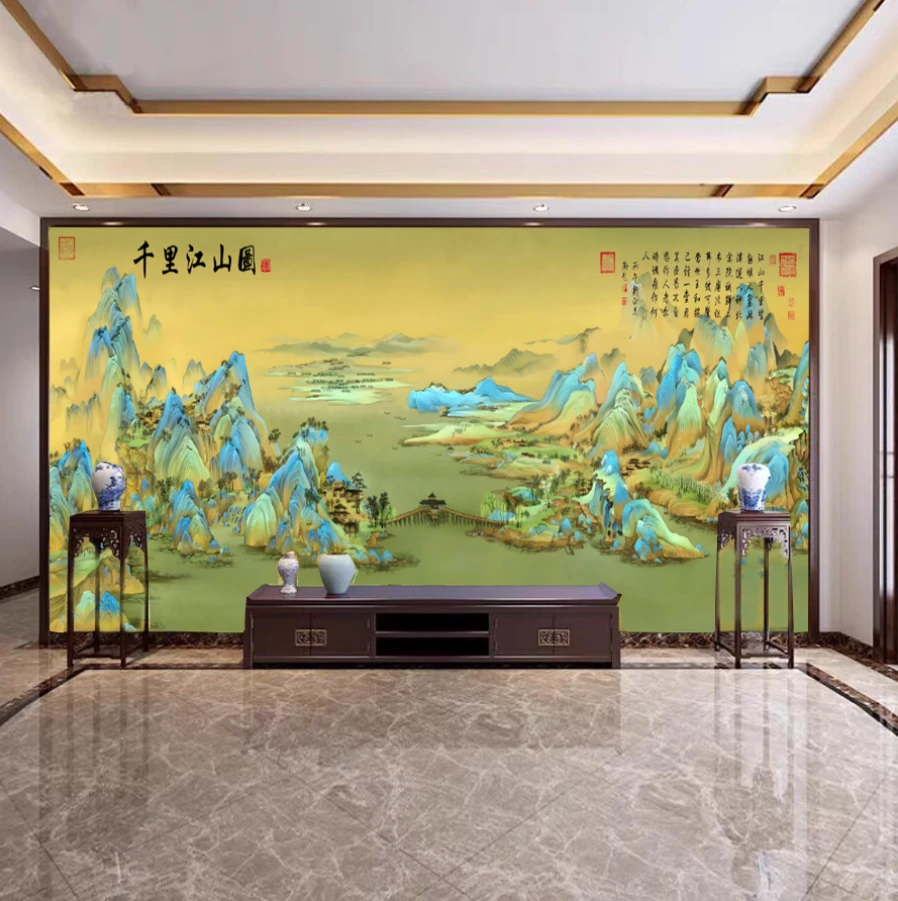 千里江山图壁布新中式山水电视背景墙纸电视墙背景墙简单大方好看
