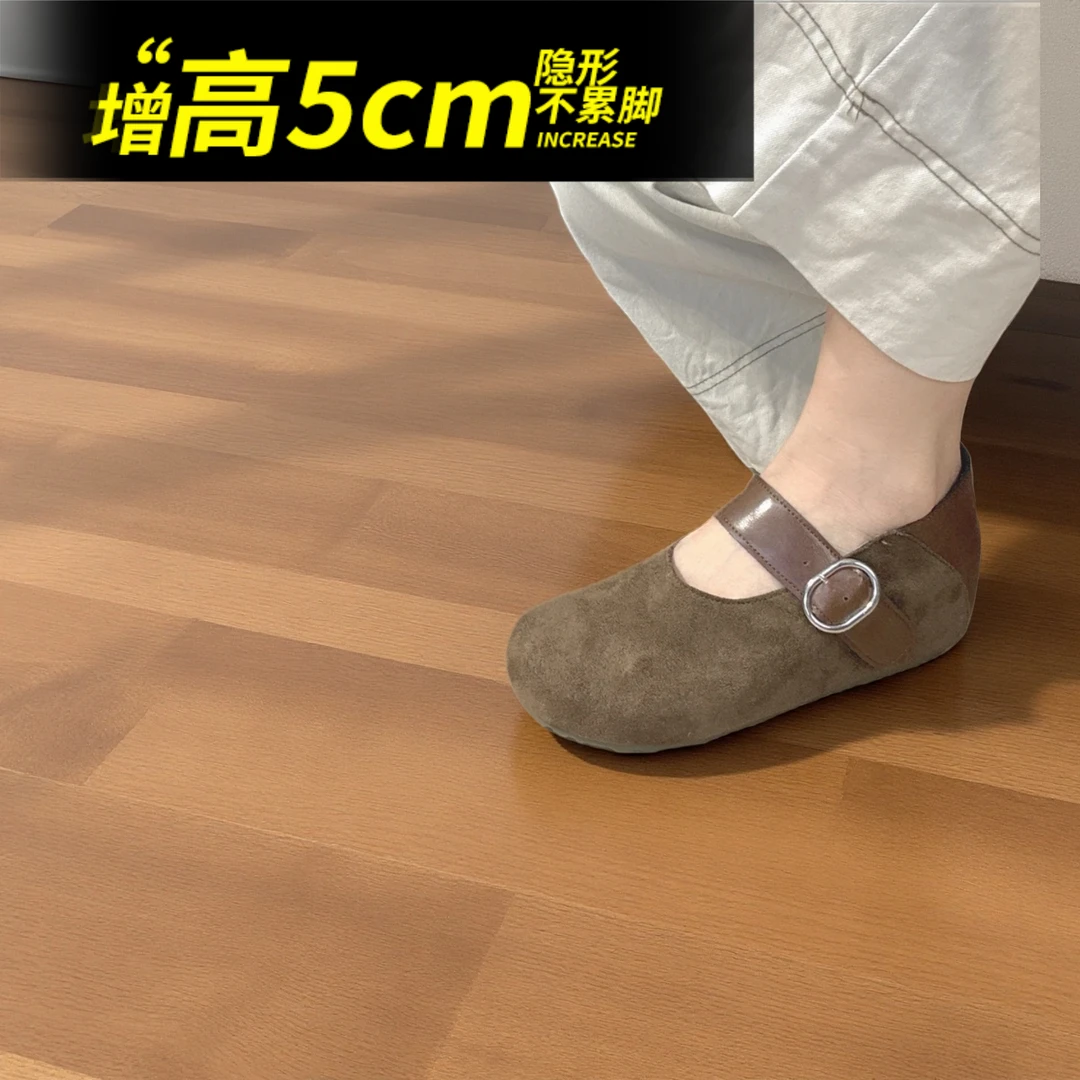 真皮增高5cm法式复古单鞋女2025秋季新款厚底一字扣玛丽珍豆豆鞋