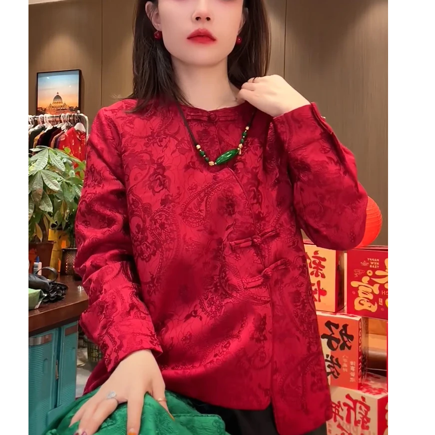 新中式国潮风红色上衣宽松版新年战袍打底衫女内搭衣服设计感大码