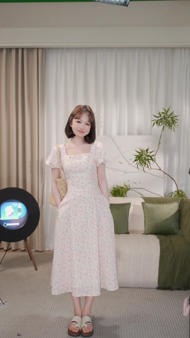 瞌睡兔定制【清苍油画少女】夏方领收腰显瘦甜美碎花连衣裙2509997