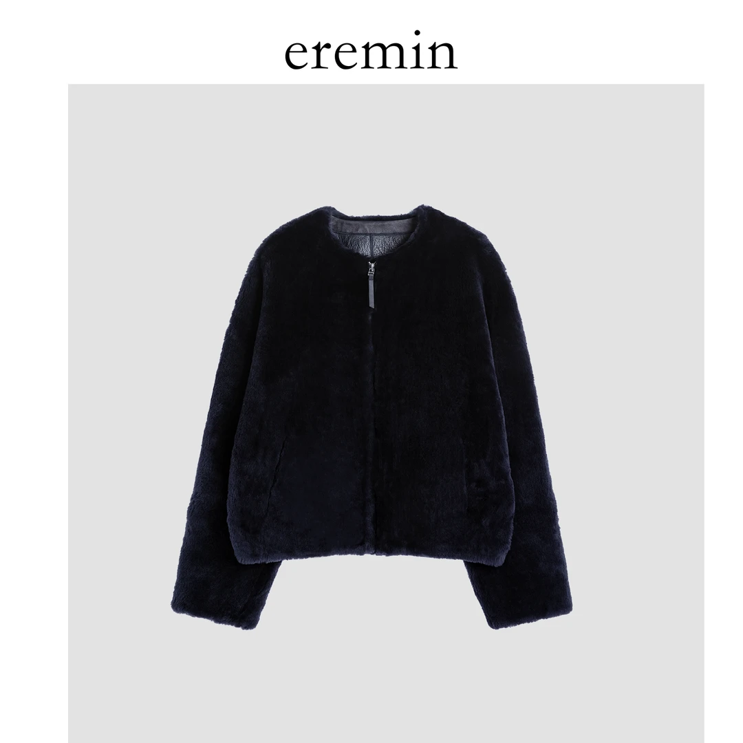 DE Mincollection午夜蓝/羊皮皮毛一体圆领廓形夹克皮草外套59061