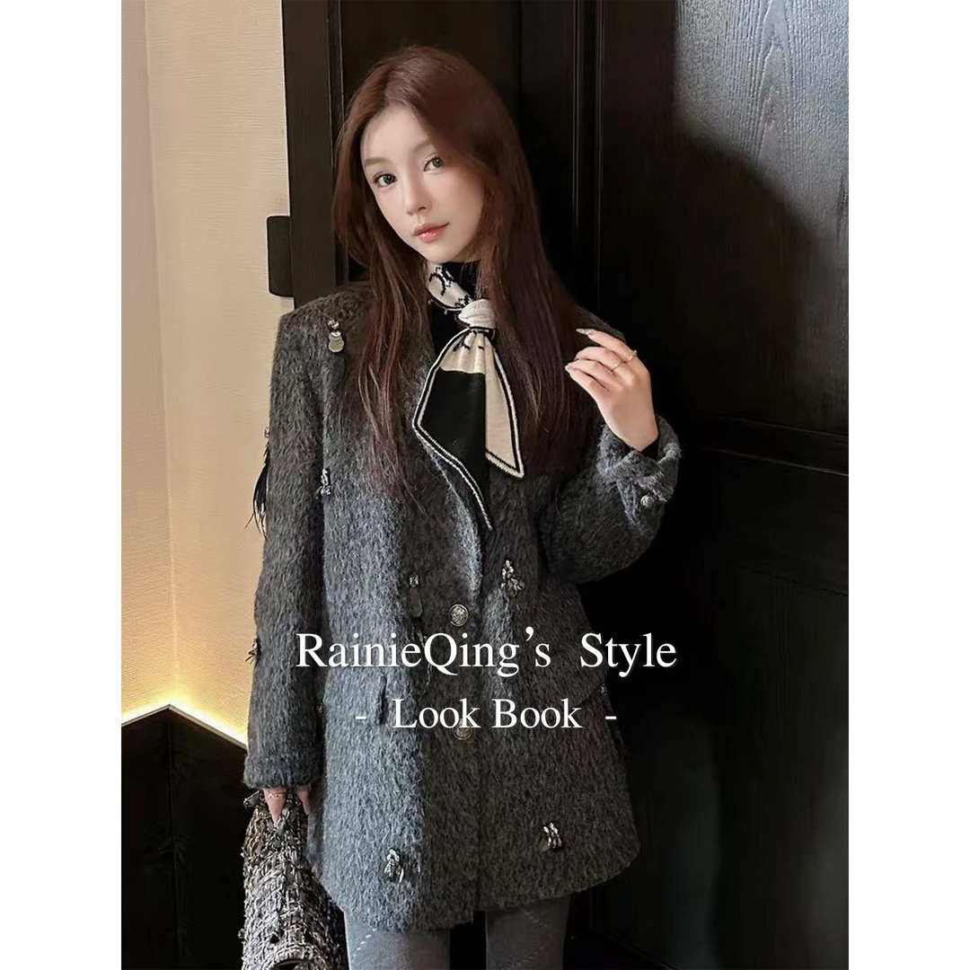RainieQing【夜影浮星】轻奢重工订钻拉毛西装呢子外套秋冬女