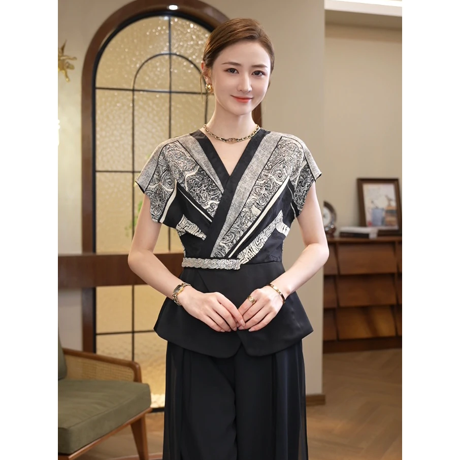 现货2025年夏季新款【ZM-X935】高级感黑色薄款短袖缎面衬衫上衣女