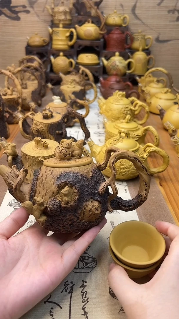 茶壶紫砂矿***林三只松鼠松桩壶
