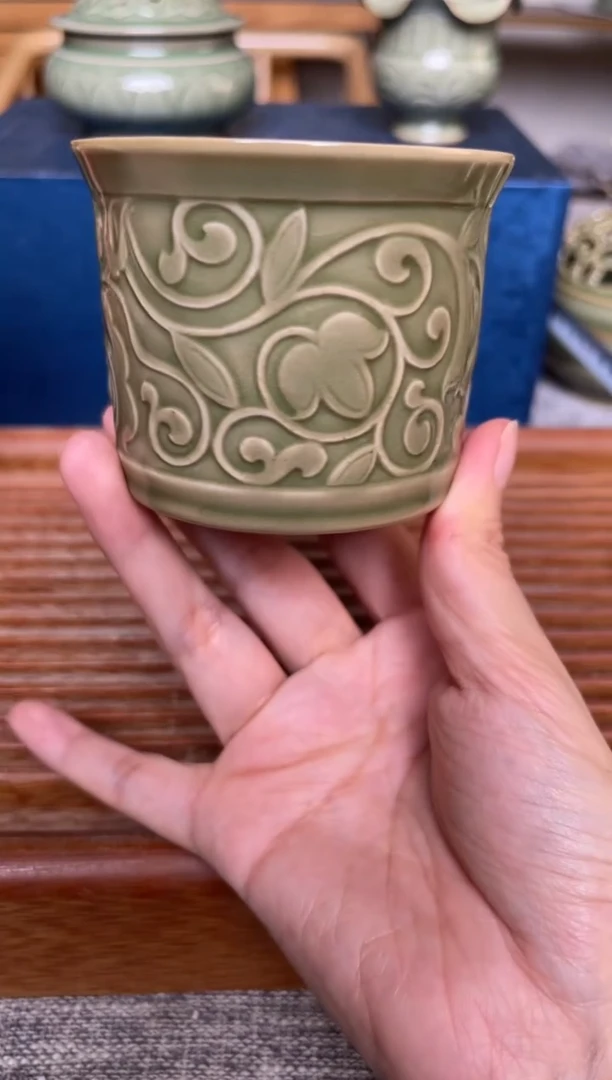 瓷器耀州窑唐草纹大缸杯 微瑕