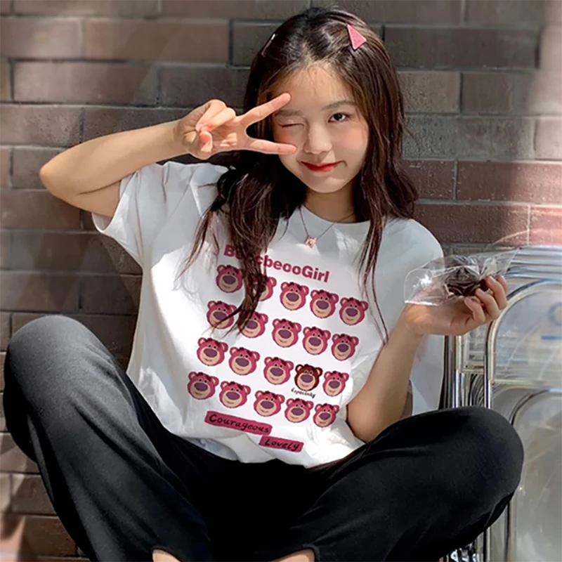 复古草莓熊纯棉T恤短袖男女情侣原创简约夏宽松大码休闲