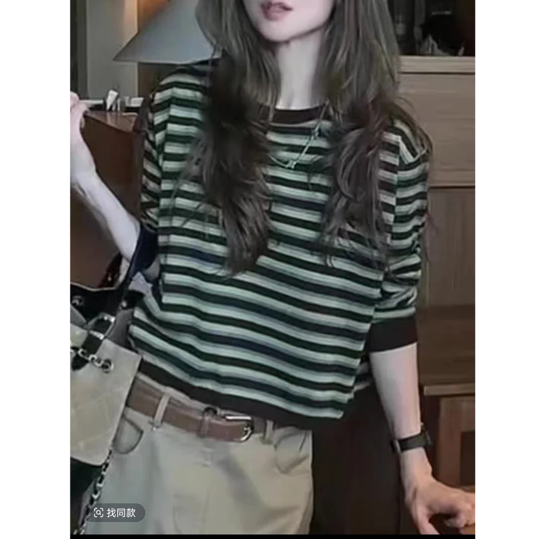 韩系风条纹长袖防晒t恤女秋季新款宽松慵懒风罩衫上衣