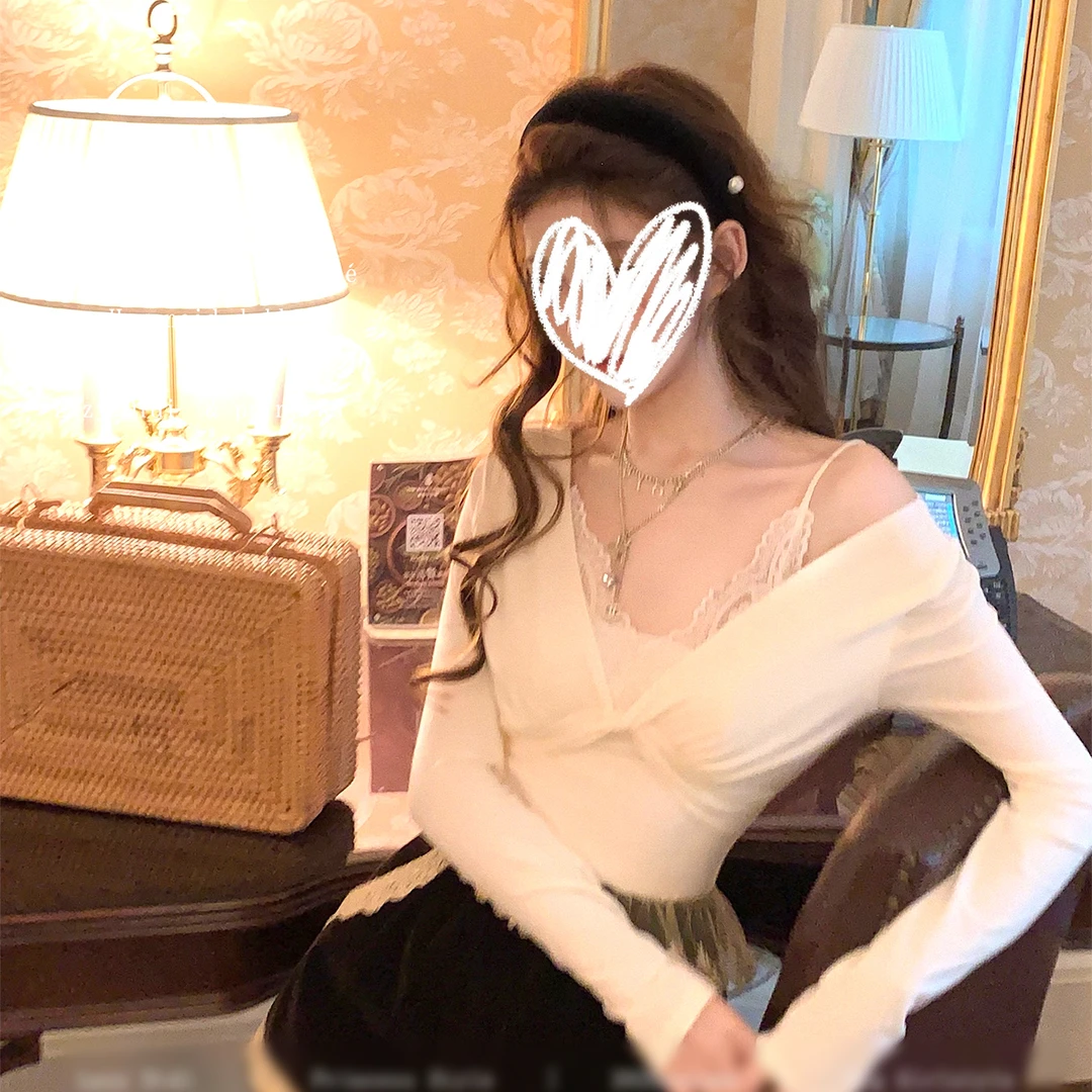日系中古蕾丝假两件上衣女设计感扭结V领打底衫2025秋季新款00719