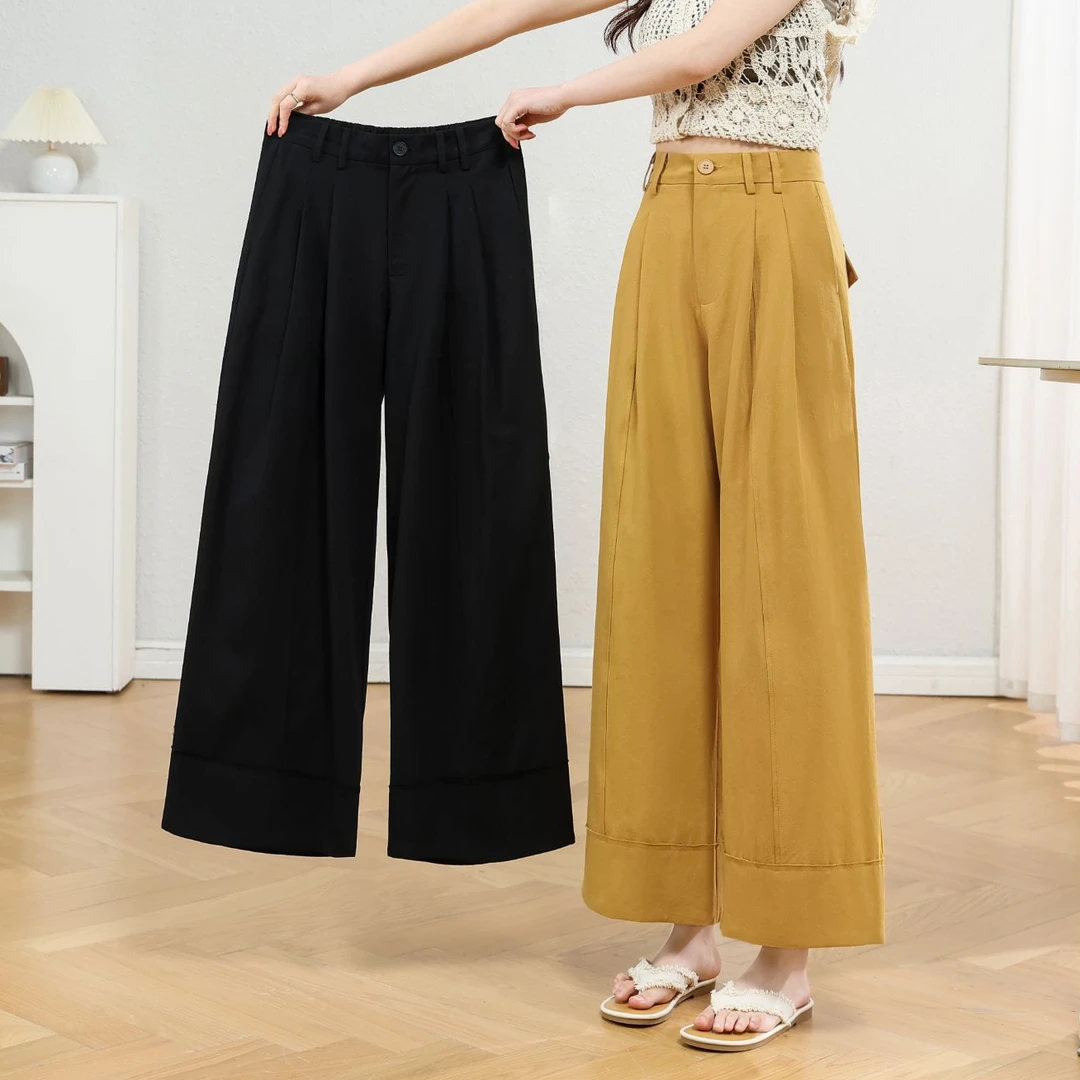 八分阔腿裤2025新款夏季薄款冰丝高腰宽松显瘦小个子卷边休闲甩裤