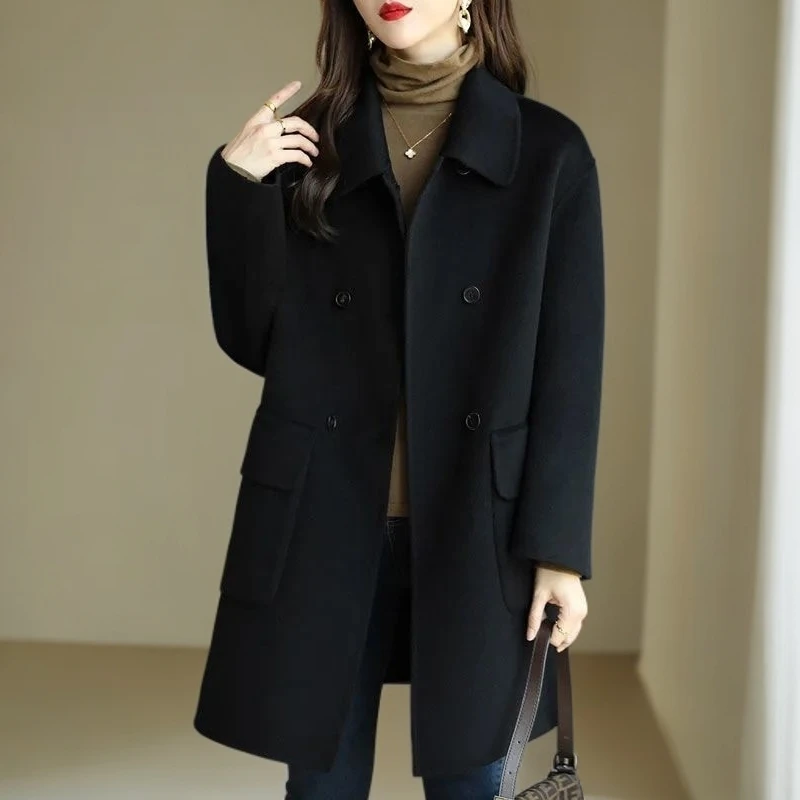 韩版显瘦大码女装黑色毛呢大衣中长款宽松双排扣毛呢外套秋冬季