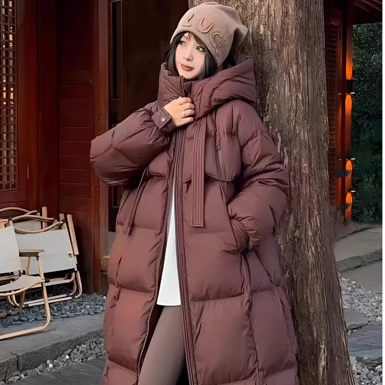 【薇哥内部自营】冬季新款过膝长款连帽飘带羽绒服加厚女款8006