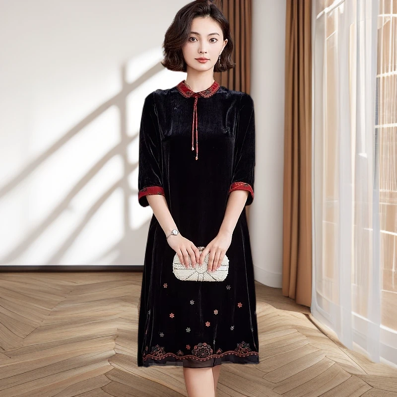 垂坠感丝绒连衣裙女2025春新款桑蚕丝真丝轻奢气质婚宴礼服妈妈装