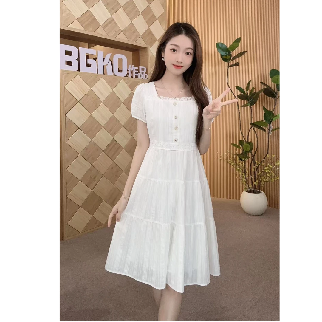 碧高小个子女装 新款蕾丝领口拼接设计感遮肉显瘦洋气减龄连衣裙