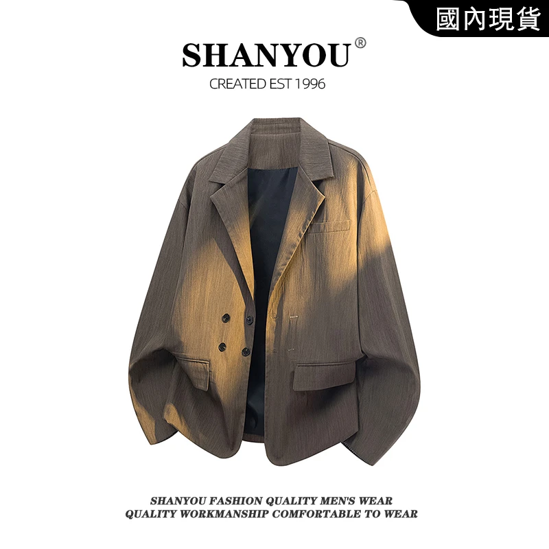 西装外套男秋季新款潮牌宽松时尚西服褶皱格子拼接夹克休闲上衣