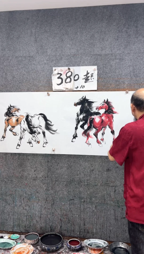 国画六骏 带收藏证书  180X70cm