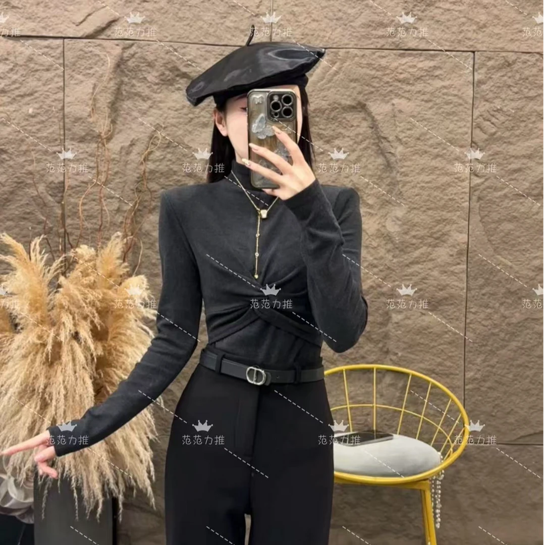 范范力推--2025秋冬新款时尚百搭纯欲显瘦扭结半高领打底衫上衣女