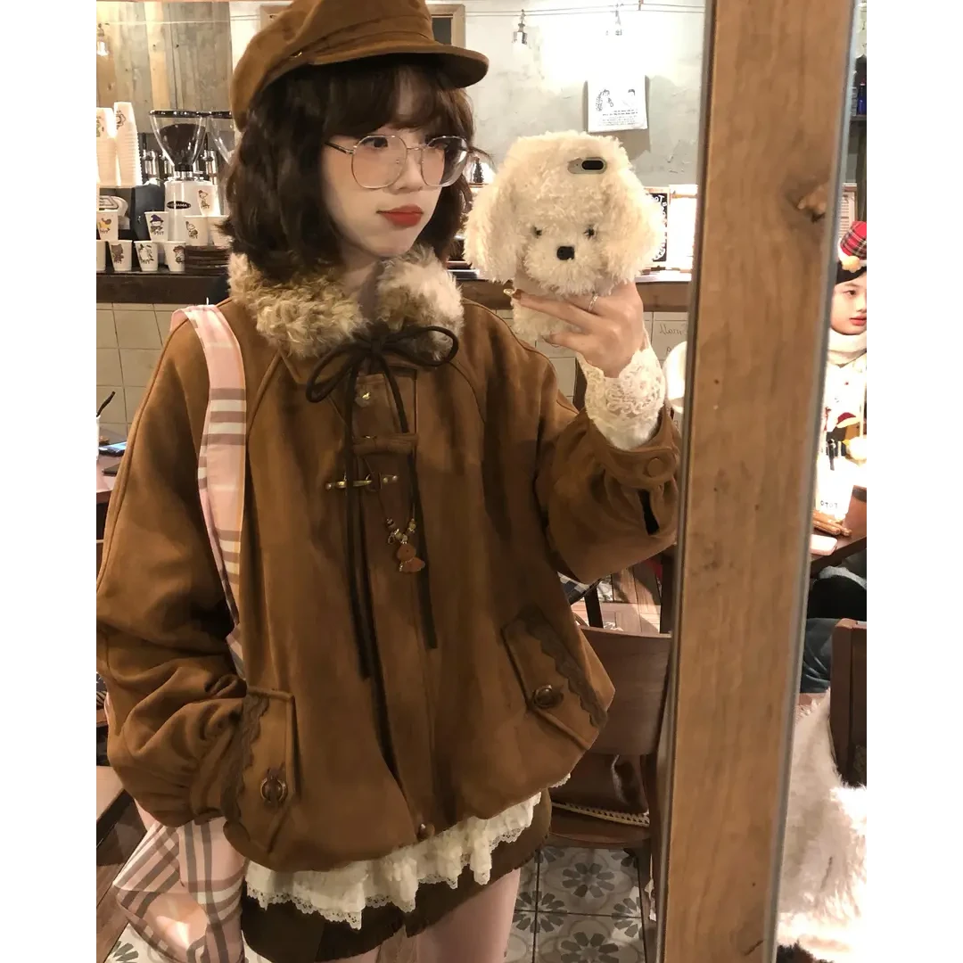 2025秋冬新款韩系复古毛毛领花苞夹棉保暖外套搭配衬衣短裙三件套