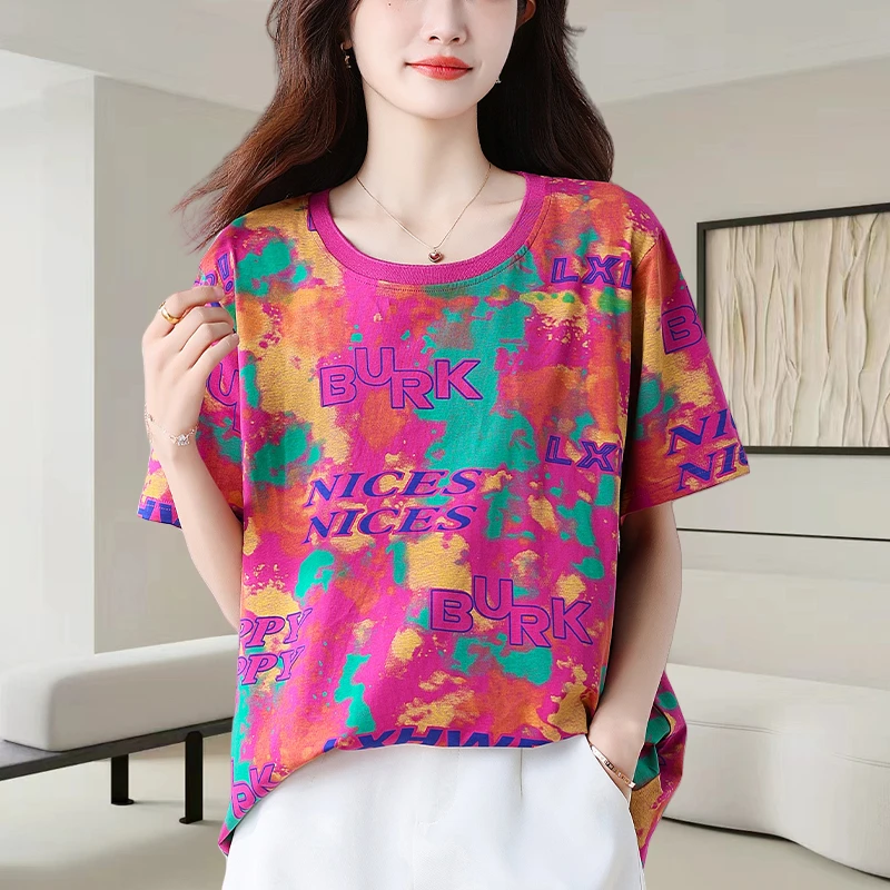中长款扎染印花短袖t恤女2025夏季新款时尚宽松显瘦洋气百搭上衣
