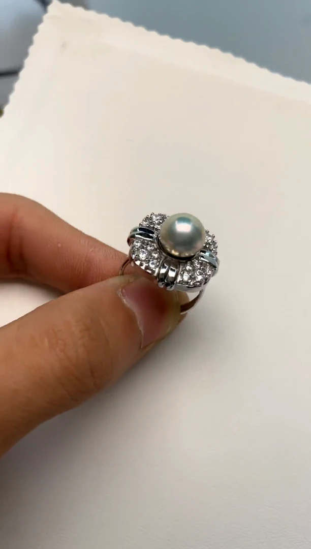 银S925镶嵌戒指海水珍珠9-10