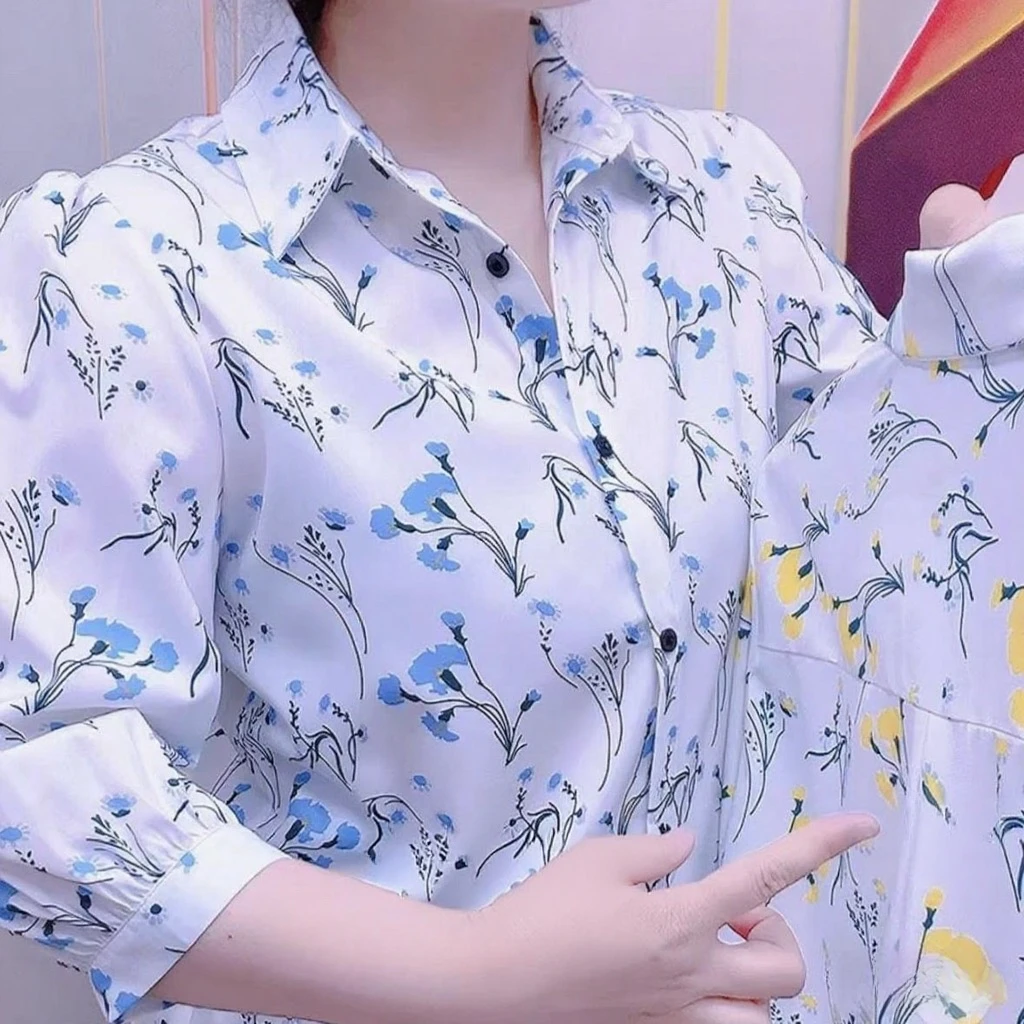 夏季薄款七分袖时尚印花雪纺衬衫洋气女士中年妈妈高档气质衬衣