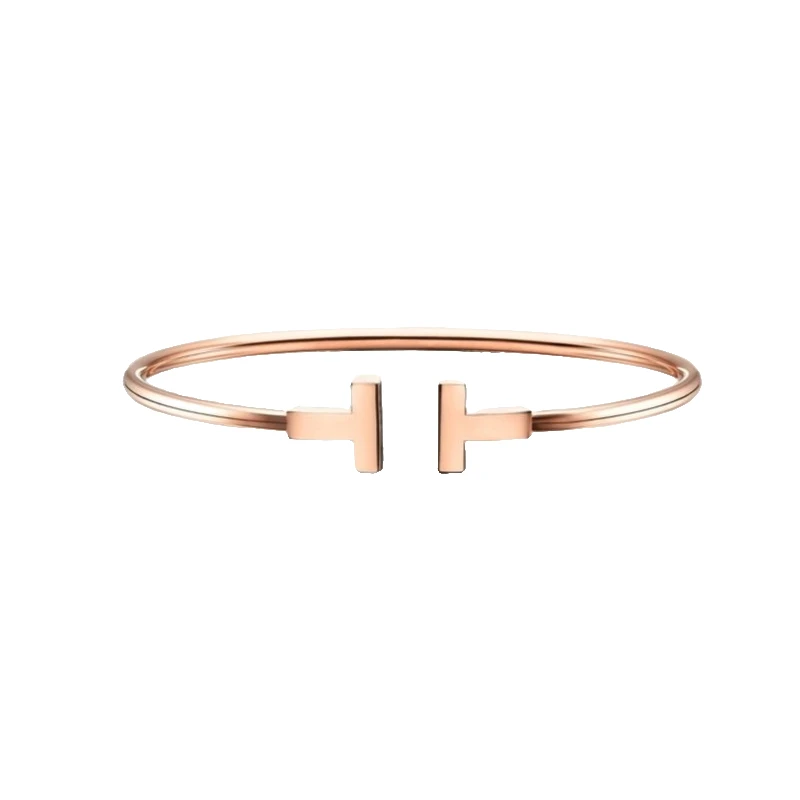未使用 Tiffany & Co./蒂芙尼 经典开口玫瑰金双T无钻手镯/首饰
