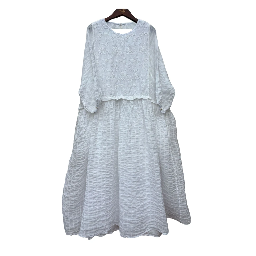 【几念原创】夏季纯色刺绣连衣裙中长款圆领气质百搭简约设计师3716