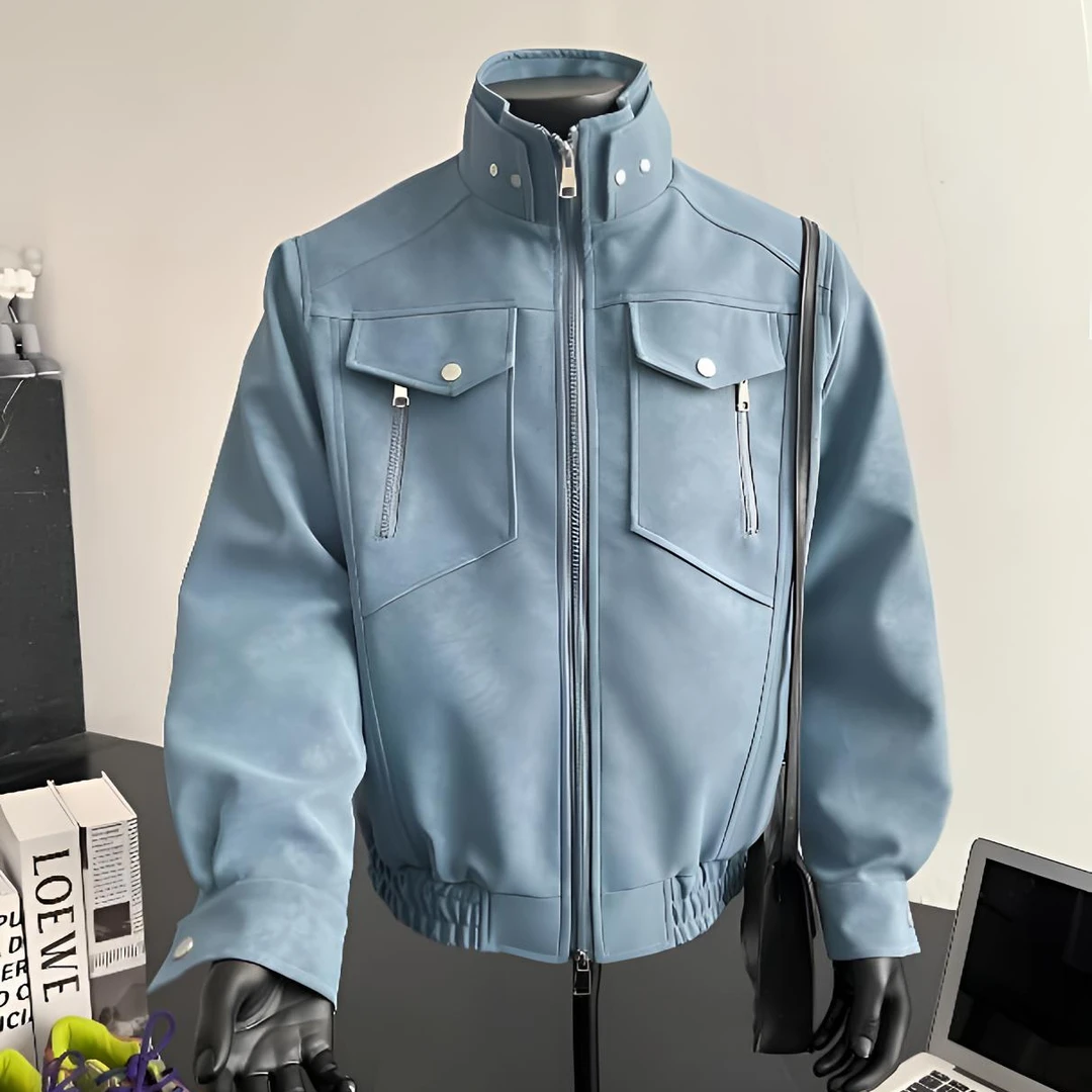 HXOS[黑麂锋袋]复古秋冬季麂皮绒短款欧若动感风立领散口袖男男款