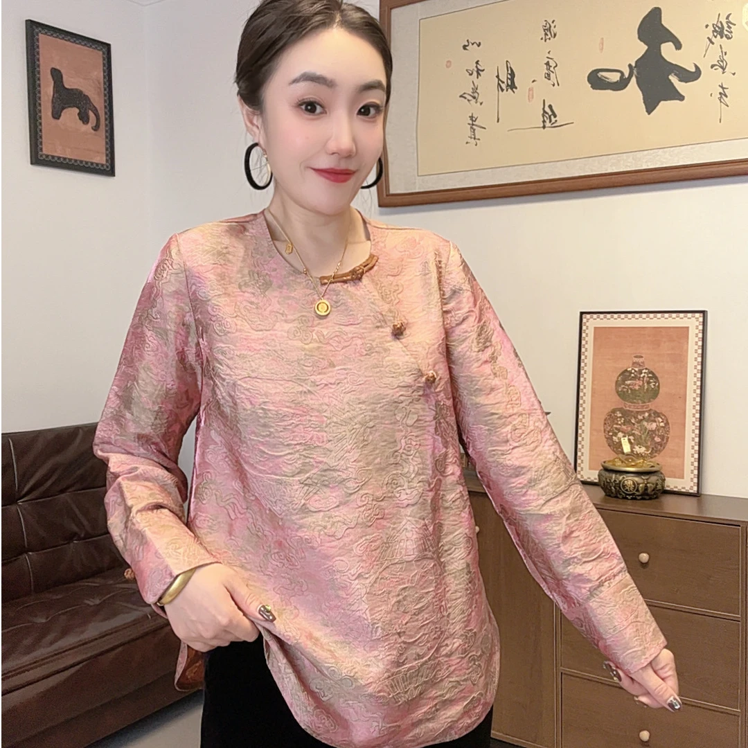 秋季新款 如意 香云纱工艺国风百搭上衣圆领斜襟显瘦常规款长袖
