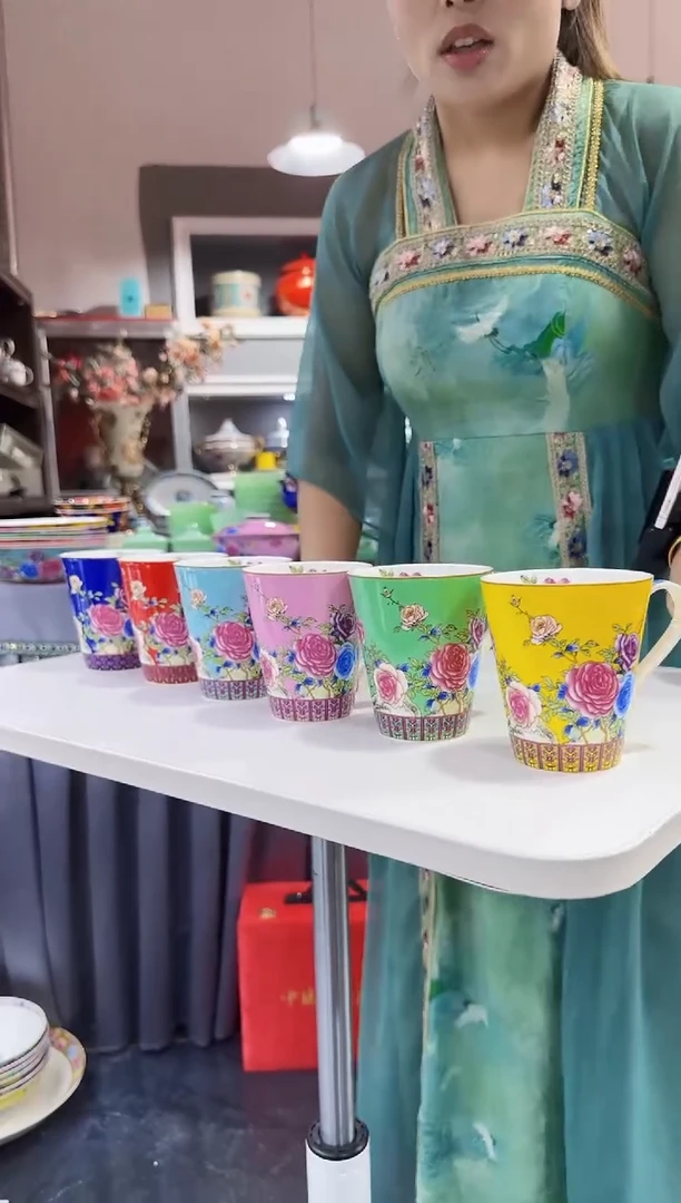珐琅  牡丹花卉水杯6只装景德镇陶瓷