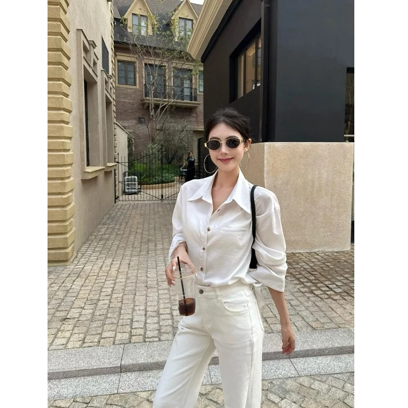 慵懒风休闲长袖衬衫外套女夏季2025新款长款宽松显瘦开衫衬衣ins