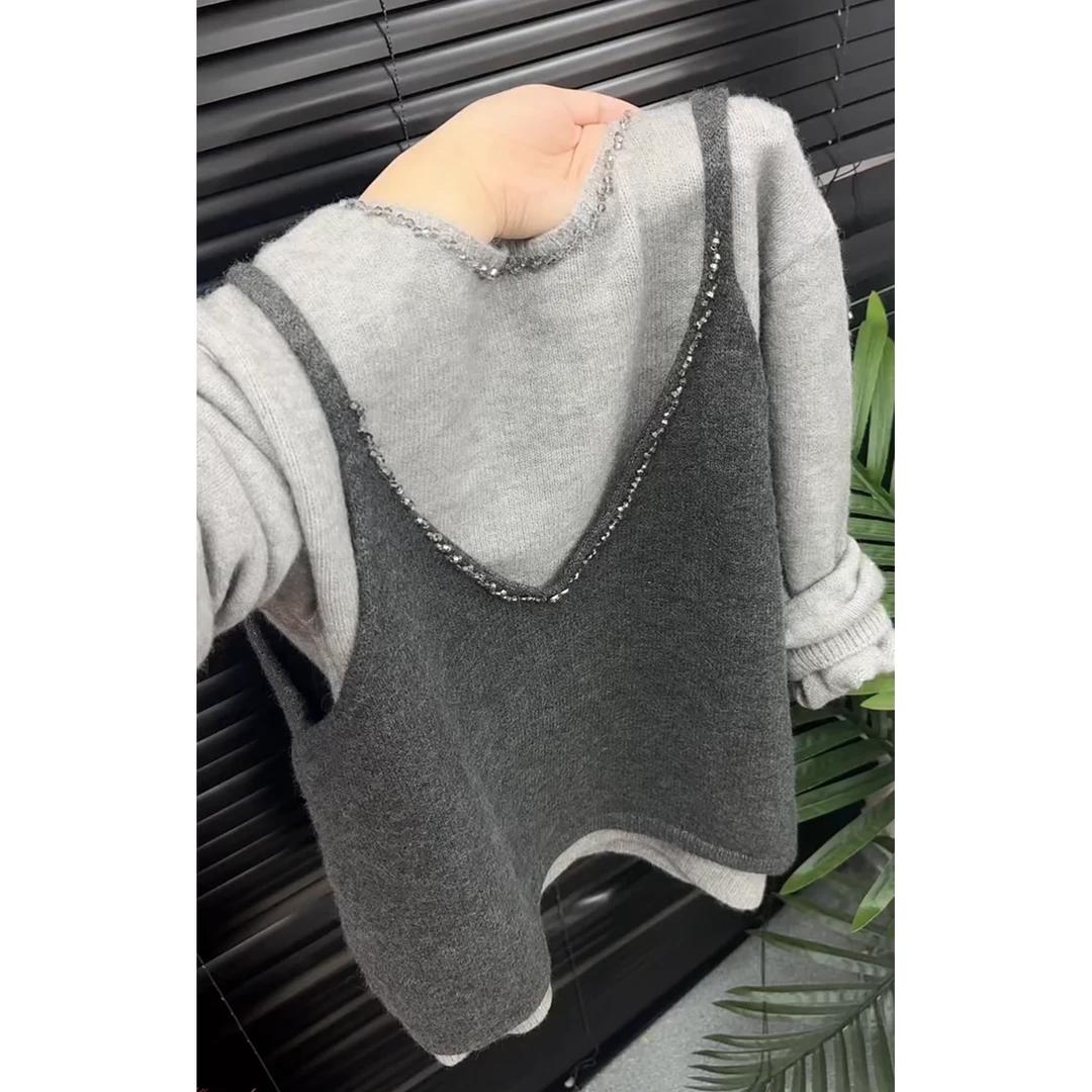 韩系针织背心秋冬款打底衫两件套2025秋季新款时尚洋气百搭女装