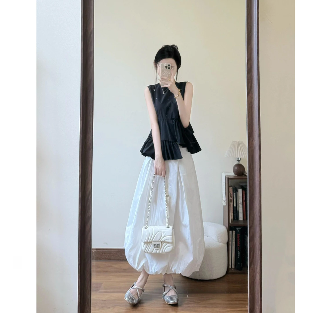 韩系通勤穿搭套装女夏季减龄不规则无袖上衣简约花苞半身裙两件套