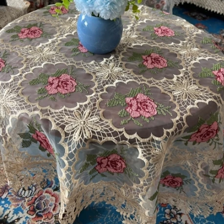 ZN029-28玻璃纱【105*105】咖红十字绣高织高密玻璃砂水溶边桌布