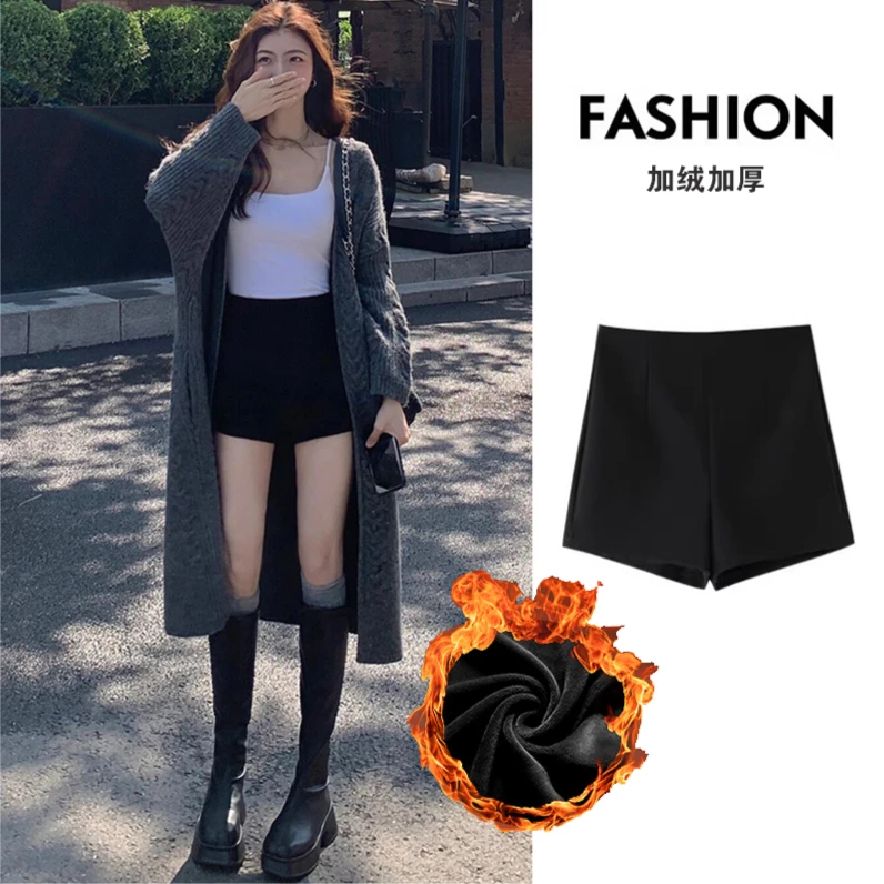 秋冬加绒短裤外穿女辣妹紧身高腰显瘦女款热裤直筒修身弹力短裤