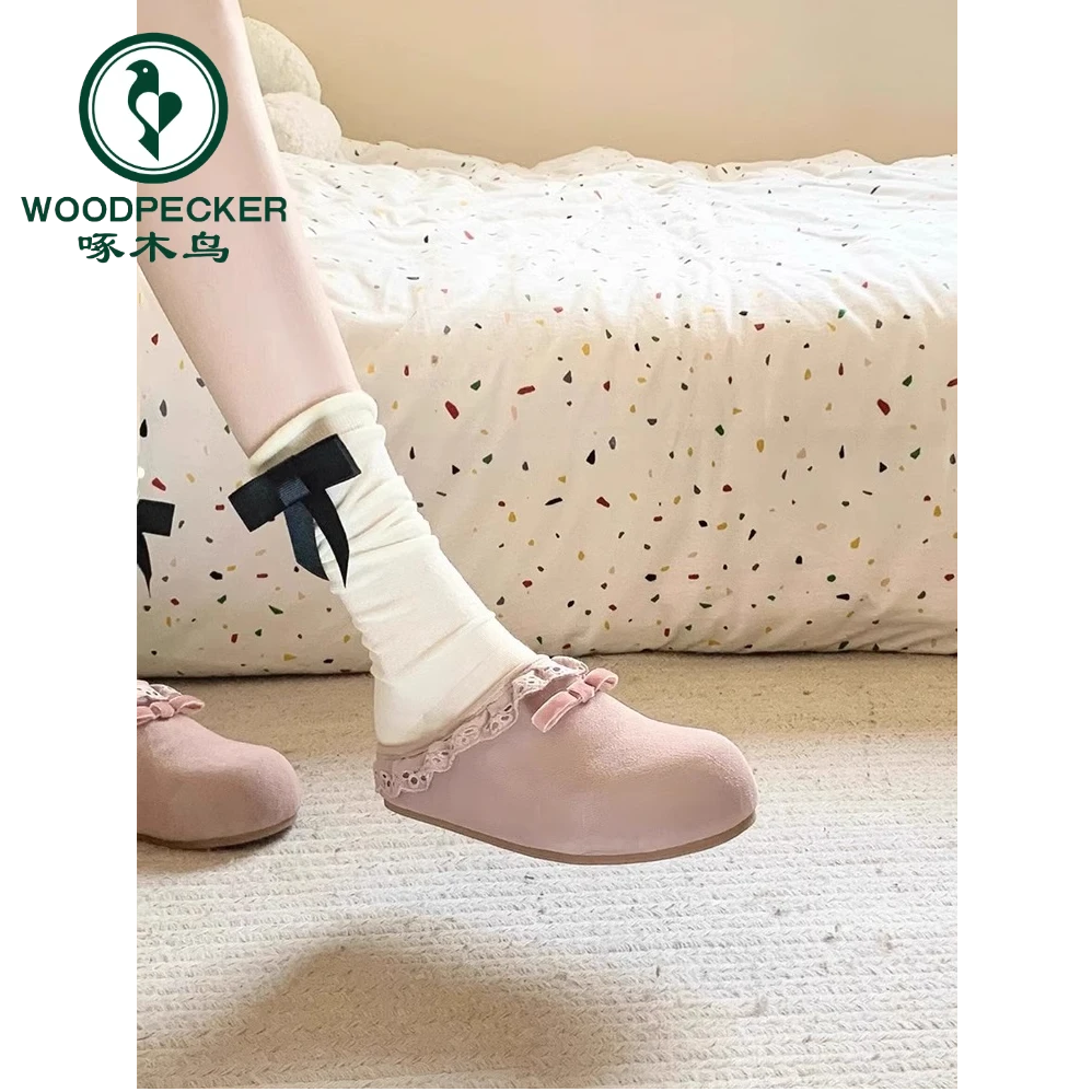 啄木鸟粉色花边包头半拖鞋外穿2025新款一脚蹬厚底增高博肯鞋女鞋