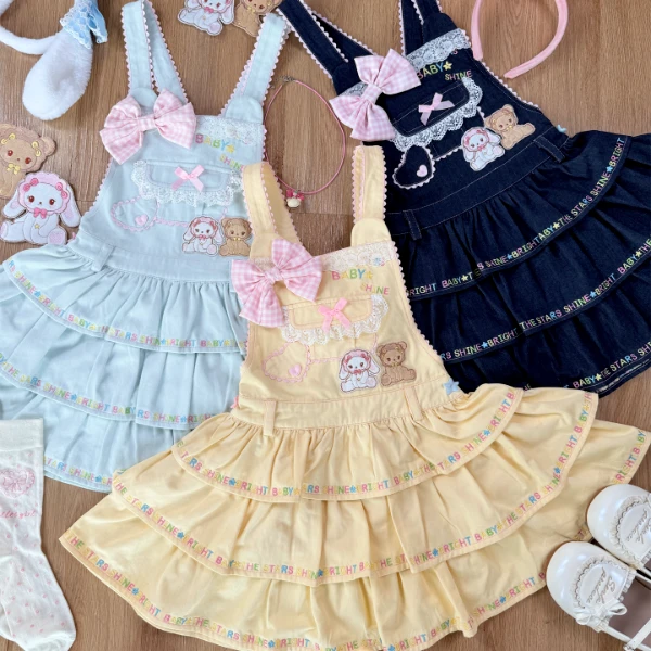 【二团直播专享】兔熊背心裙短袖大裙摆纯棉蕾丝刺绣软妹服Lolita