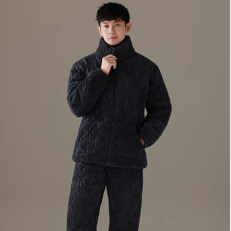 超厚珊瑚绒睡衣男士冬季三层夹棉加厚简约保暖家居服套装